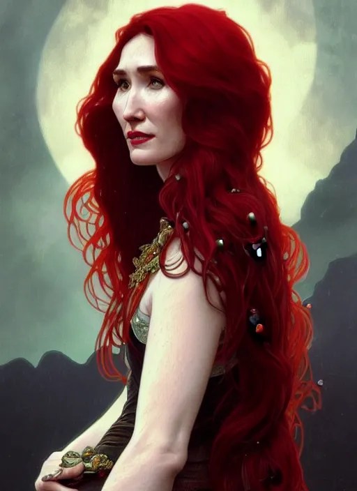 Prompt: portrait of carice van houten with red hair and beautiful face as a vampire lord, jewelry, greek, ruby, intricate, headshot, highly detailed, digital painting, artstation, concept art, sharp focus, cinematic lighting, illustration, art by artgerm and greg rutkowski, alphonse mucha, cgsociety