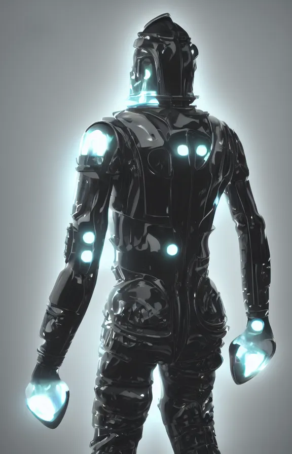 Prompt: futuristic warrior with latex suite details, with his back to the viewer, futuristic space suite, back light, full body view, 8 k, 3 d render, cinematic lighting