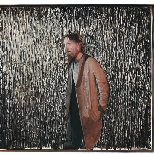 Image similar to Thom Yorke, a man with a beard and a black jacket, a portrait by John E. Berninger, dribble, neo-expressionism, uhd image, studio portrait, 1990s