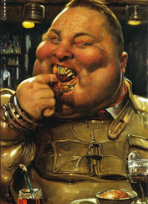 Image similar to head and shoulders portrait of a fat armoured cyborg enjoying himself in a pub, by normal rockwell and greg staples and john singer sargent