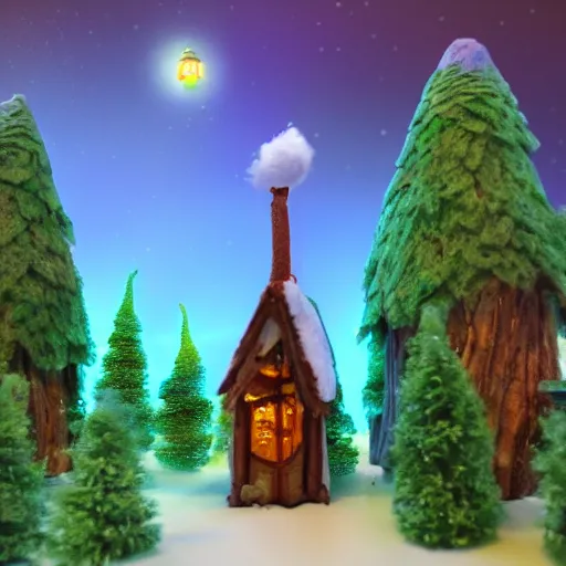 Prompt: Elf magical forest cabin with a chimney scenery 8k