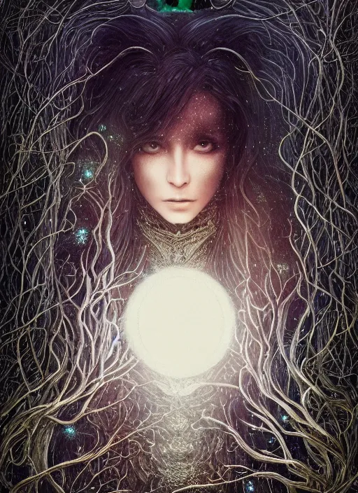 Image similar to glowing silver and golden elements, portrait, A beautiful dark witch in front of the full big moon, book cover, green forest, red white black colors, establishing shot, extremly high detail, foto realistic, cinematic lighting, pen and ink, intricate line drawings, by Yoshitaka Amano, Ruan Jia, Kentaro Miura, Artgerm, post processed, concept art, artstation, matte painting, style by eddie, raphael lacoste, alex ross