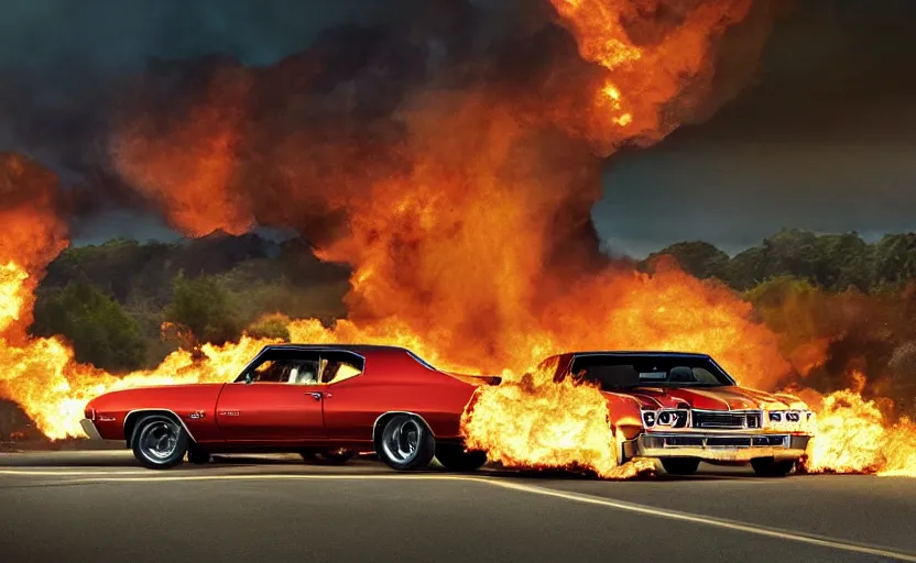 Prompt: a green 1 9 7 0 chevrolet chevelle ss driving high speed, fire explosion in the background, action scen. realistic. high resolution. dramatic