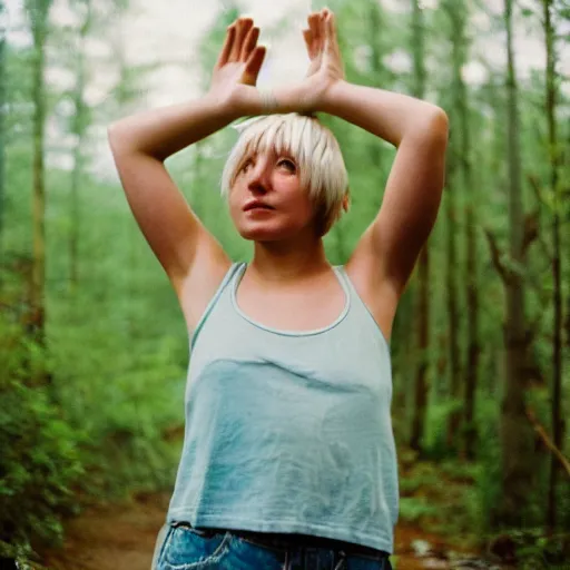 Image similar to cute young woman, short blue hair, tank top, arms raised above her head, cottagecore, razorfree, hippie, naturist, portrait photography, portra 800