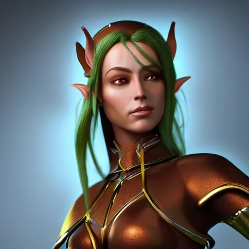 Image similar to portrait of a beautiful female high elf with tan skin, 3 d octane render trending on art station 4 k