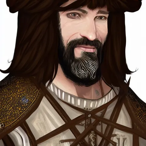 Prompt: 5 0 years old man, tall : : brown hair, stubble beard : : decorated medieval clothing : : high detail, digital art, rpg, concept art, illustration