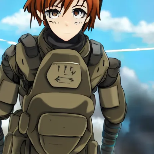 Prompt: Anime military bombsuit protagonist with light brown hair and brown eyes, Key Still, character design, full body shot