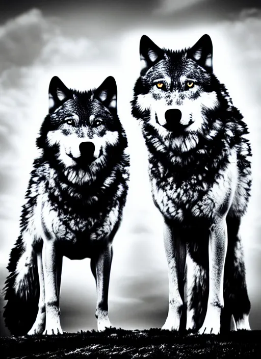 Image similar to two wolves black and white portrait white sky in background