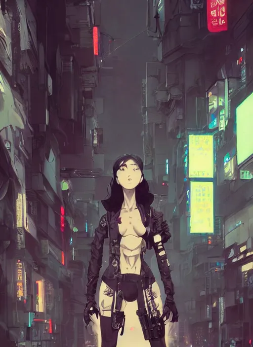 Prompt: hyper - realistic cyberpunk anime woman, standing on tokyo street, extreme detail, concept art, in style of yoji shinkawa, pan ren wei, col price, atey ghailan, by greg rutkowski, by greg tocchini, by james gilleard, by joe fenton, by kaethe butcher, aesthetic