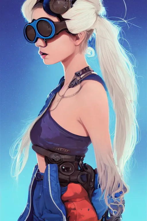 Image similar to portrait painting of a teenage girl with swept back wild blue hair, fashionable, windy, steampunk, reflective goggles, smirking, full body, flat color solid background color, sharp focus, award - winning, cinematic pose, cinematic lighting, trending on artstation, masterpiece, highly detailed, intricate. art by josan gonzales and moebius and deathburger