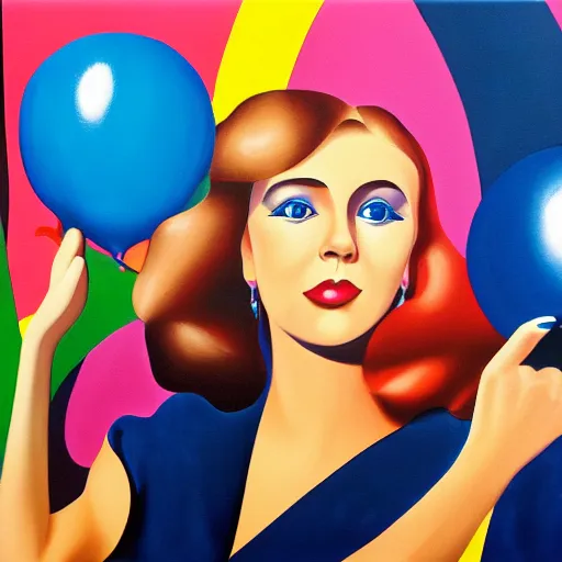 Prompt: a painting of a woman holding a blue balloon, an airbrush painting by tom wesselmann, featured on behance, pop surrealism, airbrush art, surrealist, hyper realism