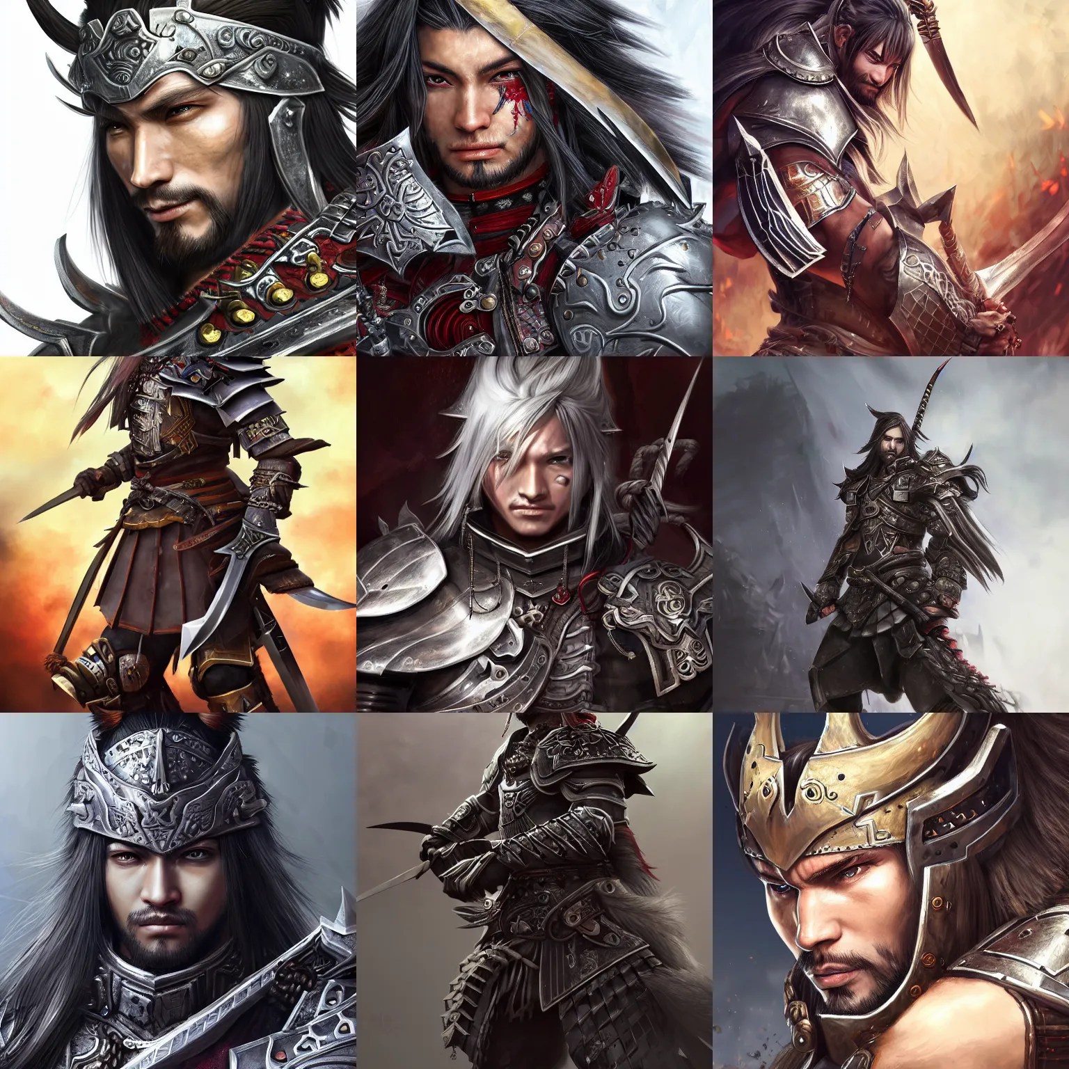 Prompt: realistic detailed semirealism warrior man wearing samurai armor. male_character, long_hair, FFXIV, iconic character splash art, Detailed, detailed metal textures, 4K high resolution quality artstyle professional artists WLOP, Aztodio, Taejune Kim, Guweiz, Pixiv, Instagram, Artstation