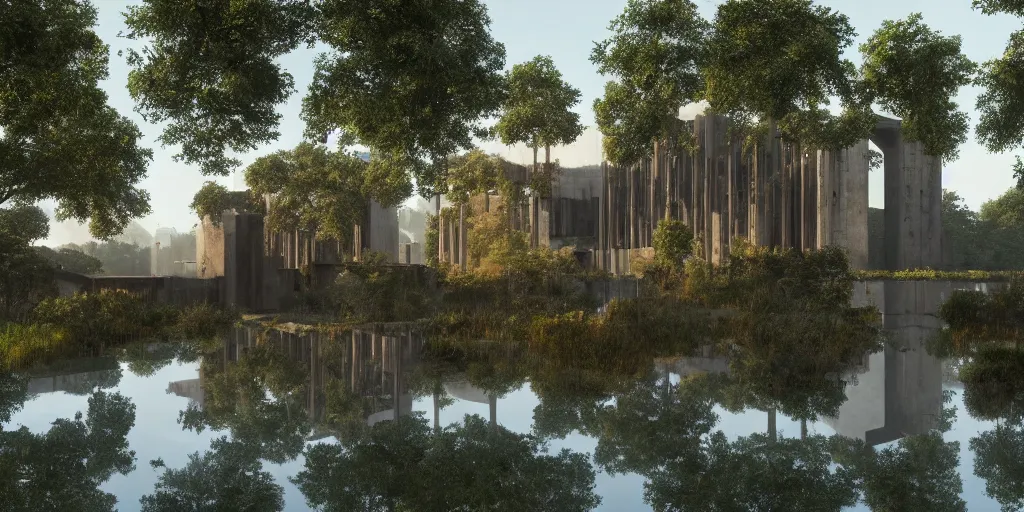 Image similar to an extremely detailed cathedral of brutalist architecture, surrounded by lush green forest, accurate reflections in surrounding ponds of water, stunning volumetric lighting, sunset, rusted steel, smooth concrete, stunning skies, trending on Artstation, 8k, photorealistic, hyper detailed, unreal engine 5, IMAX quality, cinematic, epic lighting, in the style of Greg Rutkowski