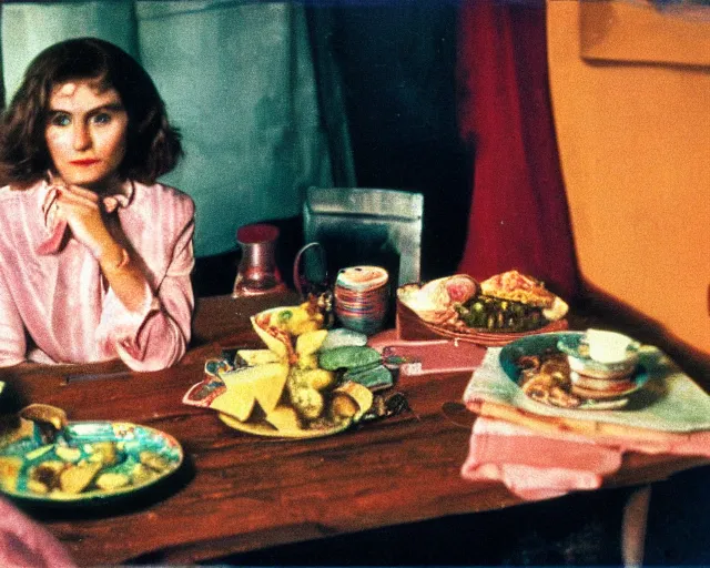 Image similar to 1 9 7 9 a soviet movie still a russian woman sitting at a table with a plate of food in dark warm light, a character portrait by nadya rusheva, featured on cg society, neo - fauvism, movie still, 8 k, fauvism, cinestill, bokeh