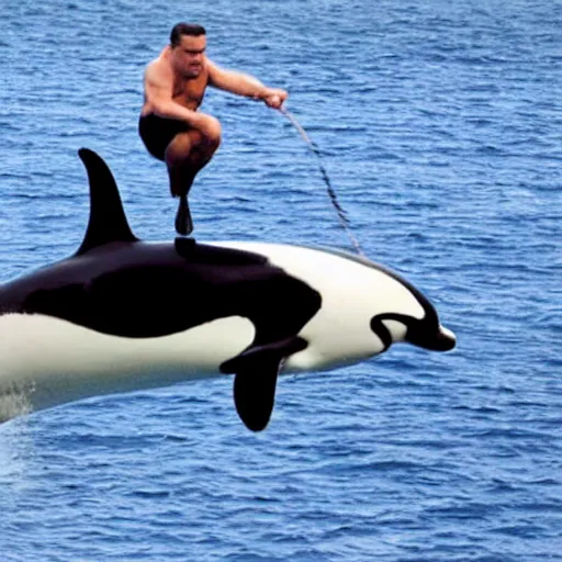 Image similar to an orca jumping through a hoop held by robbie williams, sea world, high detail
