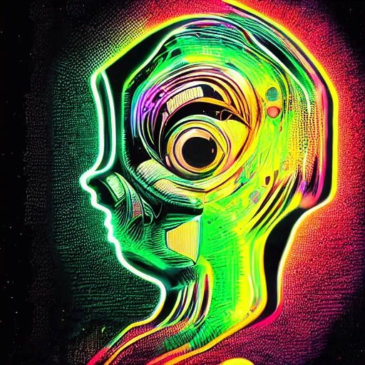 Prompt: black tshirt with a hyperdetailed portrait of a futuristic trippy cute robot head, 8 k, symetrical, flourescent colors, halluzinogenic, multicolored tshirt art,