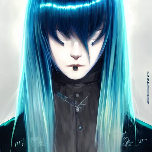 Image similar to full face shot of rimuru tempest, sky blue straight hair, long bangs, closed eyes, wearing a fancy black jacket, high collar, ultra detailed, brush strokes, digital painting, cinematic, wlop artstation, closeup, pixiv, eerie, scary, overpowering, evil, yoshitaka amano, andy warhol,