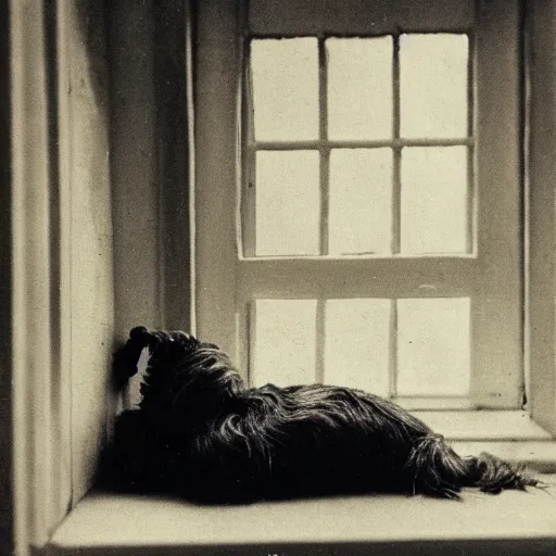 Image similar to a photograph of an old yorkish terrier sleeping on a couch below a window