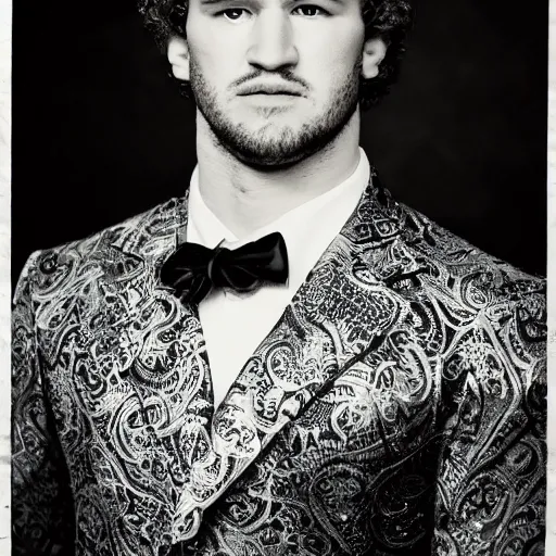 Prompt: ben askren, ufc, wearing an ornate suit, portrait, vintage photo