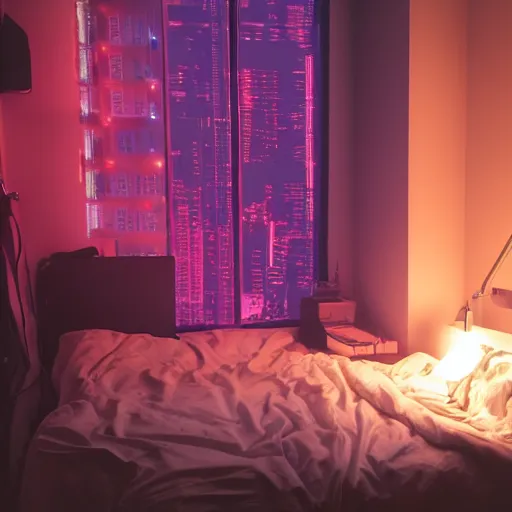 Prompt: cyberpunk bedroom, rose lighting, midday setting