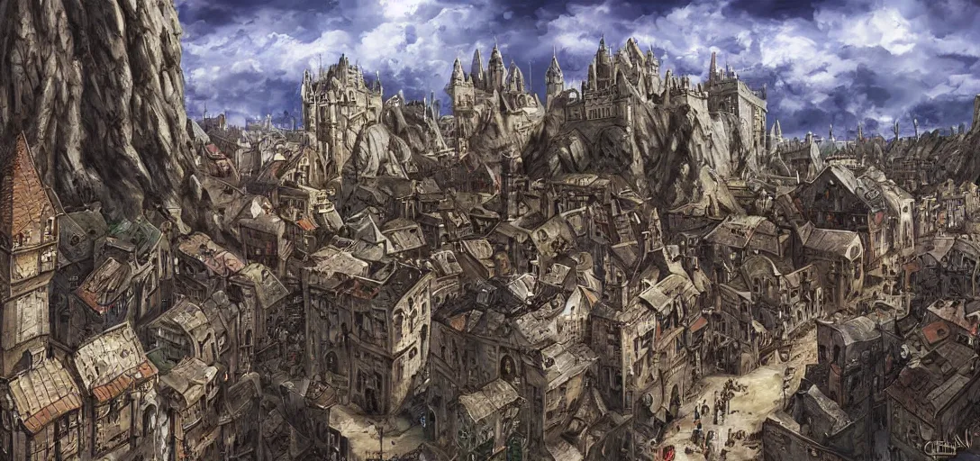 Image similar to huge medieval city, interesting rocky shaped terrain, digital art, full metal alchemist, art by craign mullin