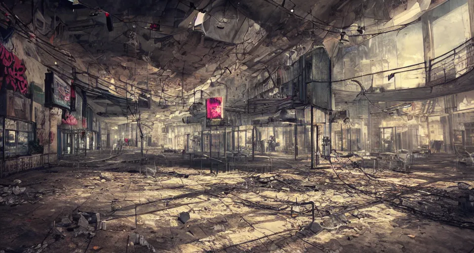 Image similar to photo realistic!! a rundown mall interior with hanging wires and graffiti, very detailed, dramatic lighting, various rubble is on the ground, slightly smokey, artstation, unreal engine