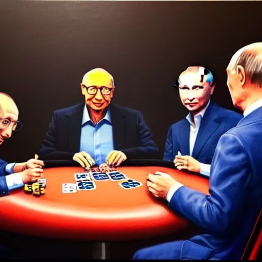 Image similar to UHD photorealistic Bill Gates playing poker with Klaus Schwab and Vladimir Putin, hyperrealistic, correct details, cosmic dynamic lighting, symmetrical faces, accurate faces, in the style of art nouveau