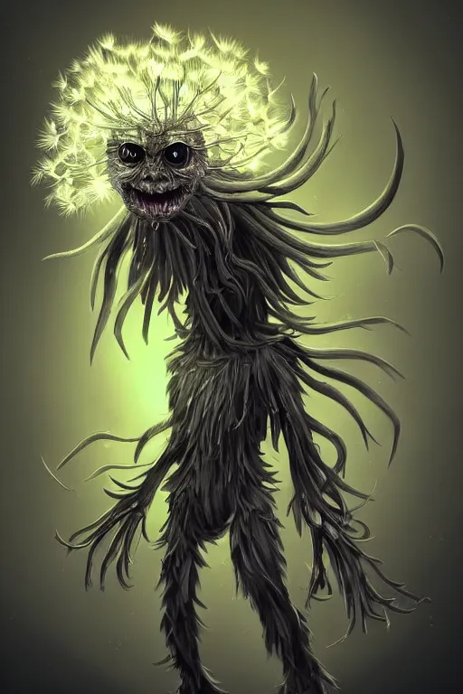 Image similar to a humanoid figure dandelion monster with large glowing eyes, highly detailed, digital art, sharp focus, trending on art station, artichoke, anime art style