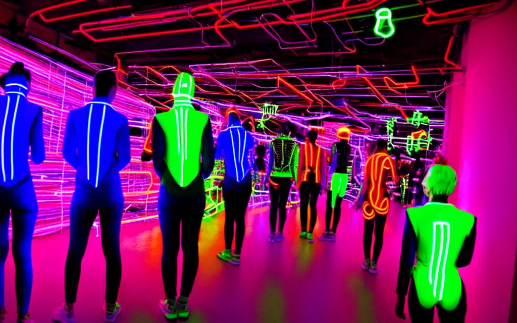 Image similar to love, diverse neon cybersuits, from behind, wide wide angle, vivid, elaborate, highly detailed, beautiful lighting