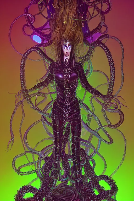 Image similar to Perfectly-centered hyperdetailed symmetrical cinematic surreal arthouse aetherpunk RPG professionally made portrait-illustration of a cyberpunk Medusa dressed in a lovecraftian dress with long ravepunk snakes as hair standing next to sinister otherworldly towers, bionic background, epic comic book cover style, 3D rim light, masterpiece, Gsociety, professional post-processing