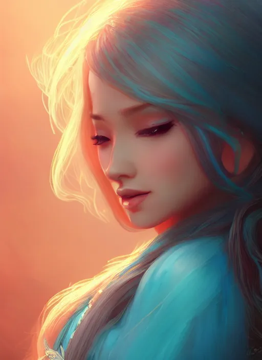 Image similar to beautiful girl with long turqoise hair, cute, intricate, highly detailed, digital painting, trending on artstation, concept art, smooth, sharp focus, backlit, rim light, vivid colors, illustration, unreal engine 5, 8 k, art by rossdraws