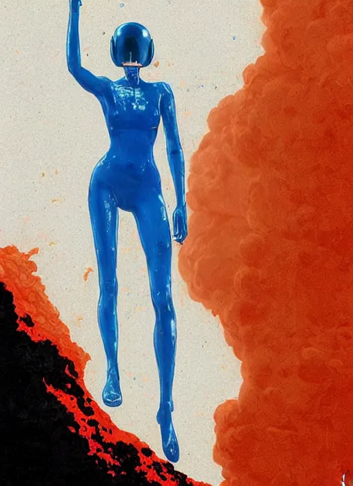 Prompt: luxurious royal white and blue astronaut emerging from hot red volcanic lava in cyberpunk theme by conrad roset, nicola samuri, dino valls, m. w. kaluta, rule of thirds, sigma look, beautiful