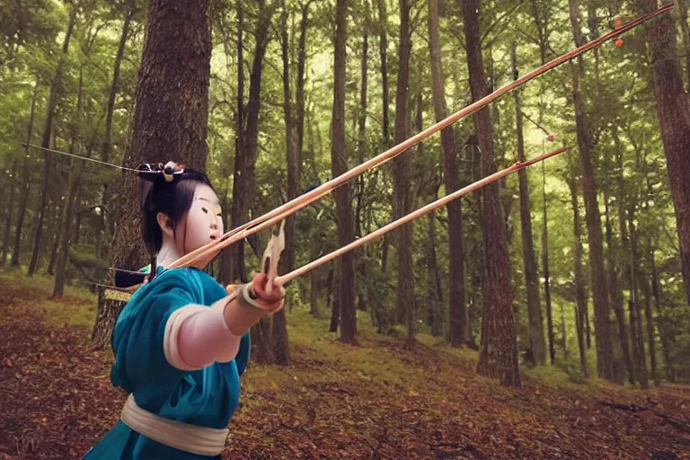 Image similar to beautiful photo of a young modern geisha archer, practising her aim in a forest, mid action, symmetrical face, beautiful eyes, huge oversized sword, award winning photo, muted pastels, action photography, 1 / 1 2 5 shutter speed, dramatic lighting, anime set style