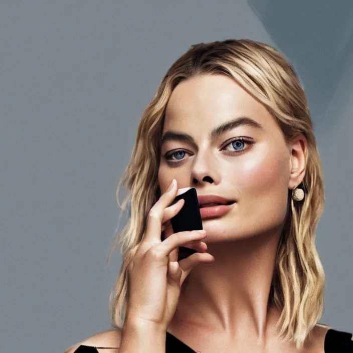 Image similar to margot robbie, holding iphone. very coherent symmetrical artwork. cinematic, high detail, octane render, 8 k, iridescent accents