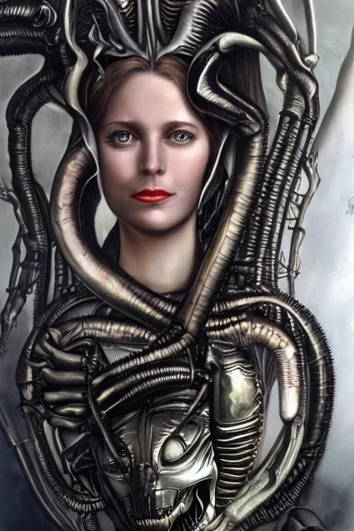 Prompt: beautiful young gillian andersom with alien xenomorph queen by h.r. giger, detailed, proportional, trending on art station, 4k