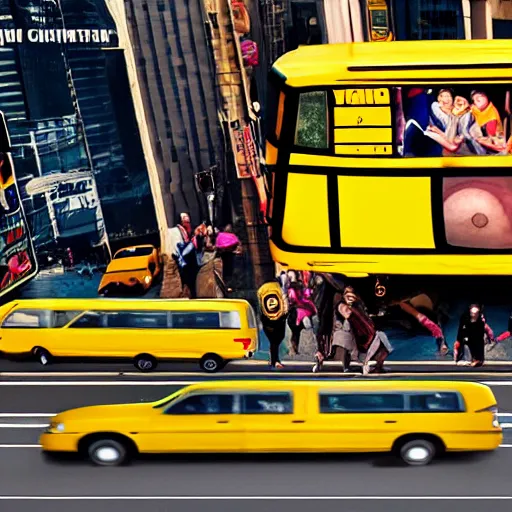 Image similar to yellow school bus eaten swallowed by giant snake, anaconda, huge snake, big snake, time square, cinematic, dramatic, film still