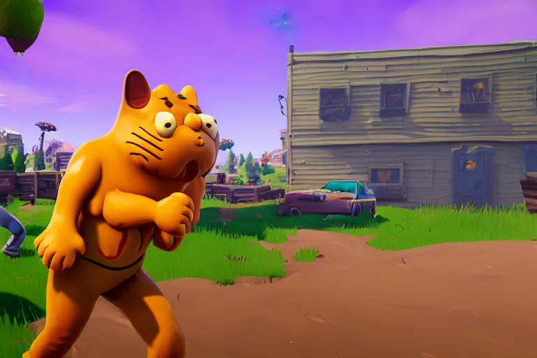 Prompt: a screenshot of a player with a garfield skin in fortnite ( 2 0 1 7 ), garfield and friends public event in fortnite