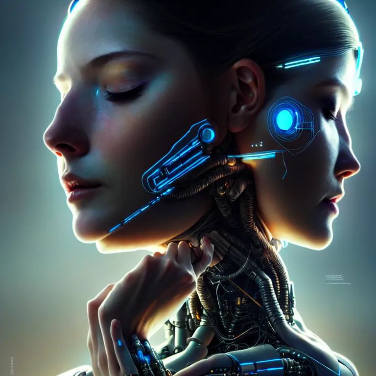 Image similar to ultra realistic, beautiful cyborg woman eyes closed, metahuman, cyberpunk, sci-fi, magic, fantasy, intricate details, elegant, highly detailed, digital painting, octane render, clay render, artstation, concept art, smooth, sharp focus, eerie, illustration, 8k, HD, art by artgerm and greg rutkowski and alphonse mucha