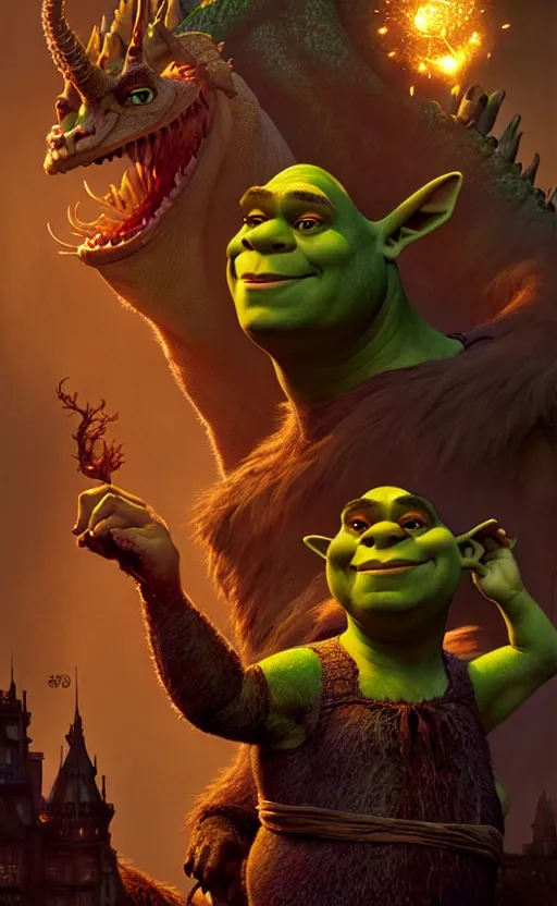 Image similar to shrek dragon gorgeous lighting by weta studio, mucha, bautista and norman rockwell and greg rutkowski and tom bagshaw and james gurney and lucasfilm