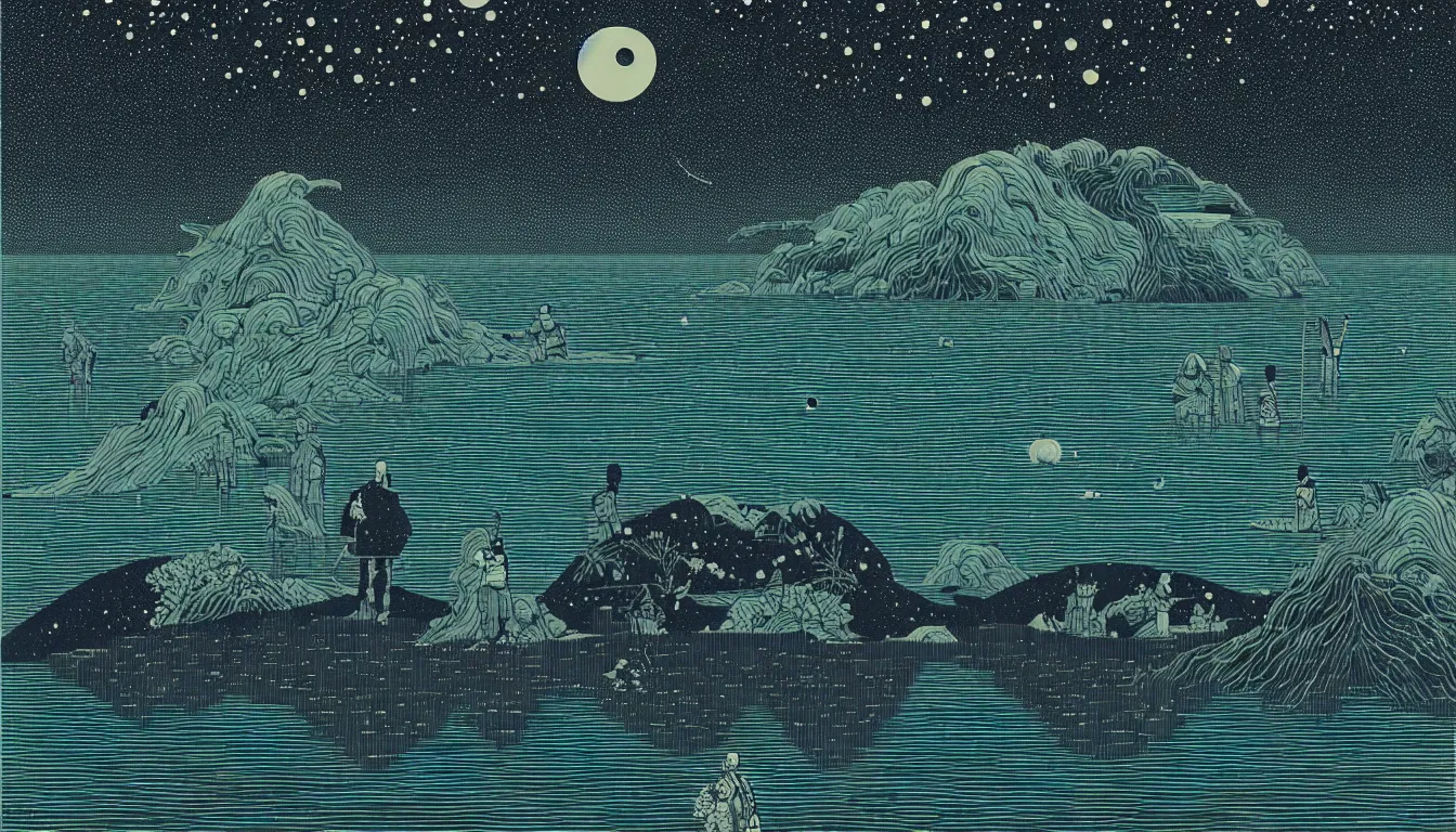 Image similar to standing in a lake looking at reflection of the night sky by woodblock print, nicolas delort, moebius, victo ngai, josan gonzalez, kilian eng