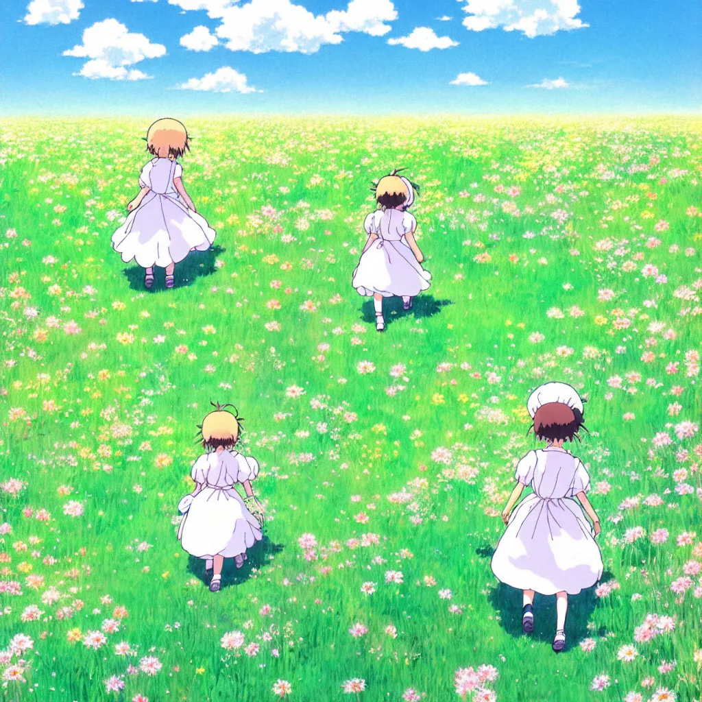 Image similar to little girl in princess dress, walking through a field of flowers, puffy clouds, beautiful, summer, calm, studio ghibli, art by hayao miyazaki, makoto shinkai