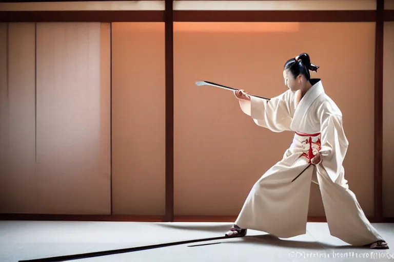 Image similar to beautiful photo of a young modern geisha samurai practising the sword in a traditional japanese temple, mid action swing, beautiful eyes, huge oversized sword, award winning photo, muted pastels, action photography, smiling into the camera, 1 / 1 2 5 shutter speed, dramatic lighting, anime set style