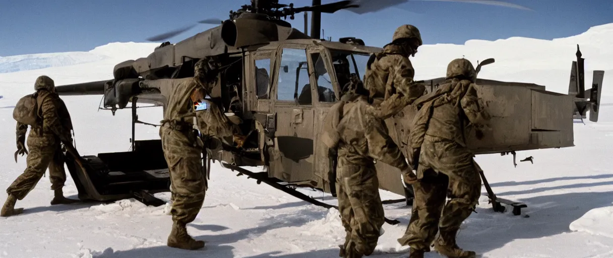 Image similar to establishing wide shot color movie like 3 5 mm photograph of a us soldier unloading metal crate from a black military 1 9 8 2 helicopter in antarctica