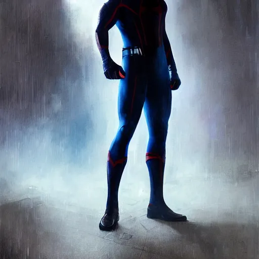 Image similar to ryan reynolds as spider - man, wearing a black and blue suit, cinematic, volumetric lighting, f 8 aperture, cinematic eastman 5 3 8 4 film, photorealistic by greg rutkowski, by stanley artgerm, by alphonse mucha