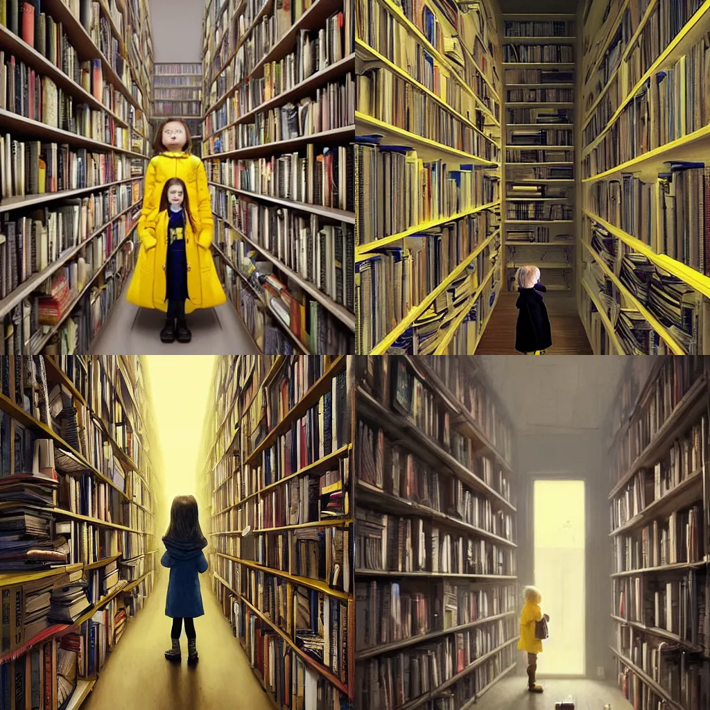 Prompt: a small girl in a yellow coat,looking up at a shelf of books,realistic,digital art,art by greg rutkowski,eerie