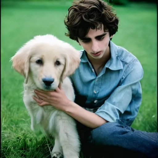 Image similar to timothy chalamet and a puppy, leica s, 5 0 mm lens, kodachrome, 1 9 6 9, shot by platon - h 8 0 4