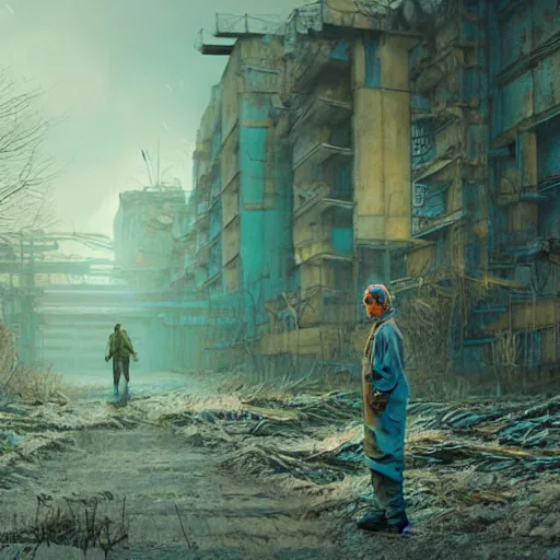 Prompt: a beautiful highly detailed matte painting of stalker standing next to an anomaly in Chernobyl by Jose Daniel Cabrera Pena and Leonid Kozienko, concept art by Tooth Wu and wlop and beeple and dan mumford and greg rutkowski and nekroxiii. octane render, cinematic, hyper realism, octane render, 8k, iridescent accents. vibrant, teal and gold blue red dark noir colour scheme