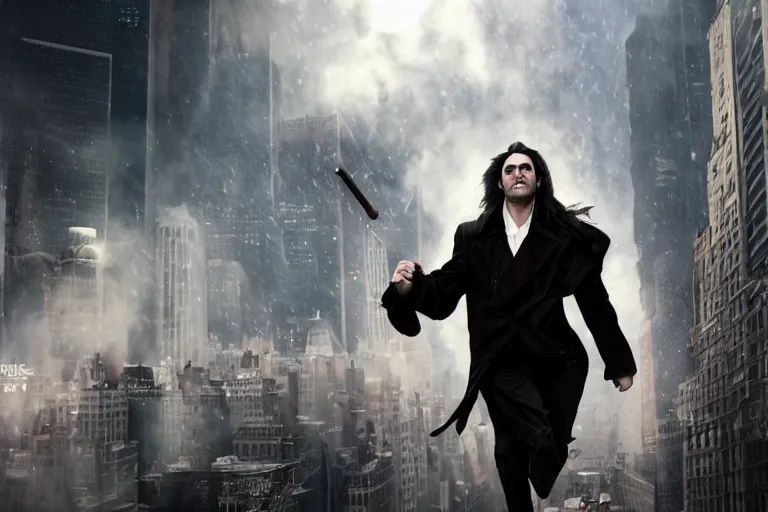 Image similar to vfx movie suave handsome grinning vampire with long white hair, trench coat, dual wielding large revolvers, leaping into the air, low gravity in a shattered reality of new york city, by emmanuel lubezki