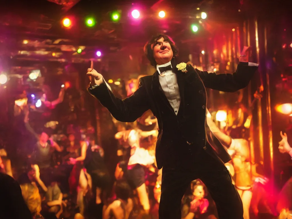 Image similar to dslr close up photo of oscar wilde dancing at a gay club, color, photography, 8 k, highly detailed, lighting, cmyk, realism, 3 5 mm, modern
