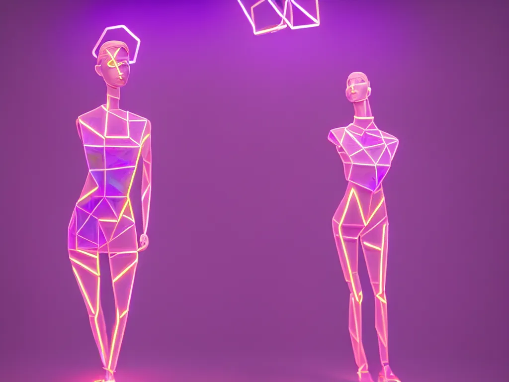 Image similar to beautiful mannequin sculpted out of amethyst by billelis + lit with geometric neon + iridescent geometric cubed bonsai plants!!!!, doorway opening with neon pink geometric light, clean linework, dramatic, finely detailed, rule of thirds, moody, award winning, 4 k, trending on artstation, photorealistic, volumetric lighting, octane render